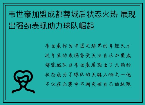 韦世豪加盟成都蓉城后状态火热 展现出强劲表现助力球队崛起