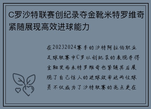 C罗沙特联赛创纪录夺金靴米特罗维奇紧随展现高效进球能力 C罗沙特联赛创纪录夺金靴米特罗维奇紧随展现高效进球能力