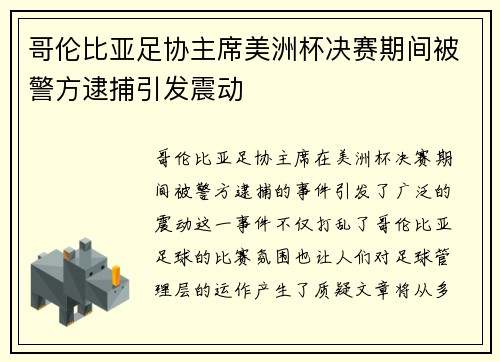 哥伦比亚足协主席美洲杯决赛期间被警方逮捕引发震动