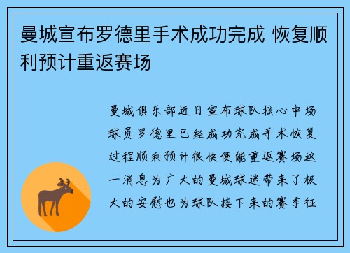 曼城宣布罗德里手术成功完成 恢复顺利预计重返赛场 曼城宣布罗德里手术成功完成 恢复顺利预计重返赛场
